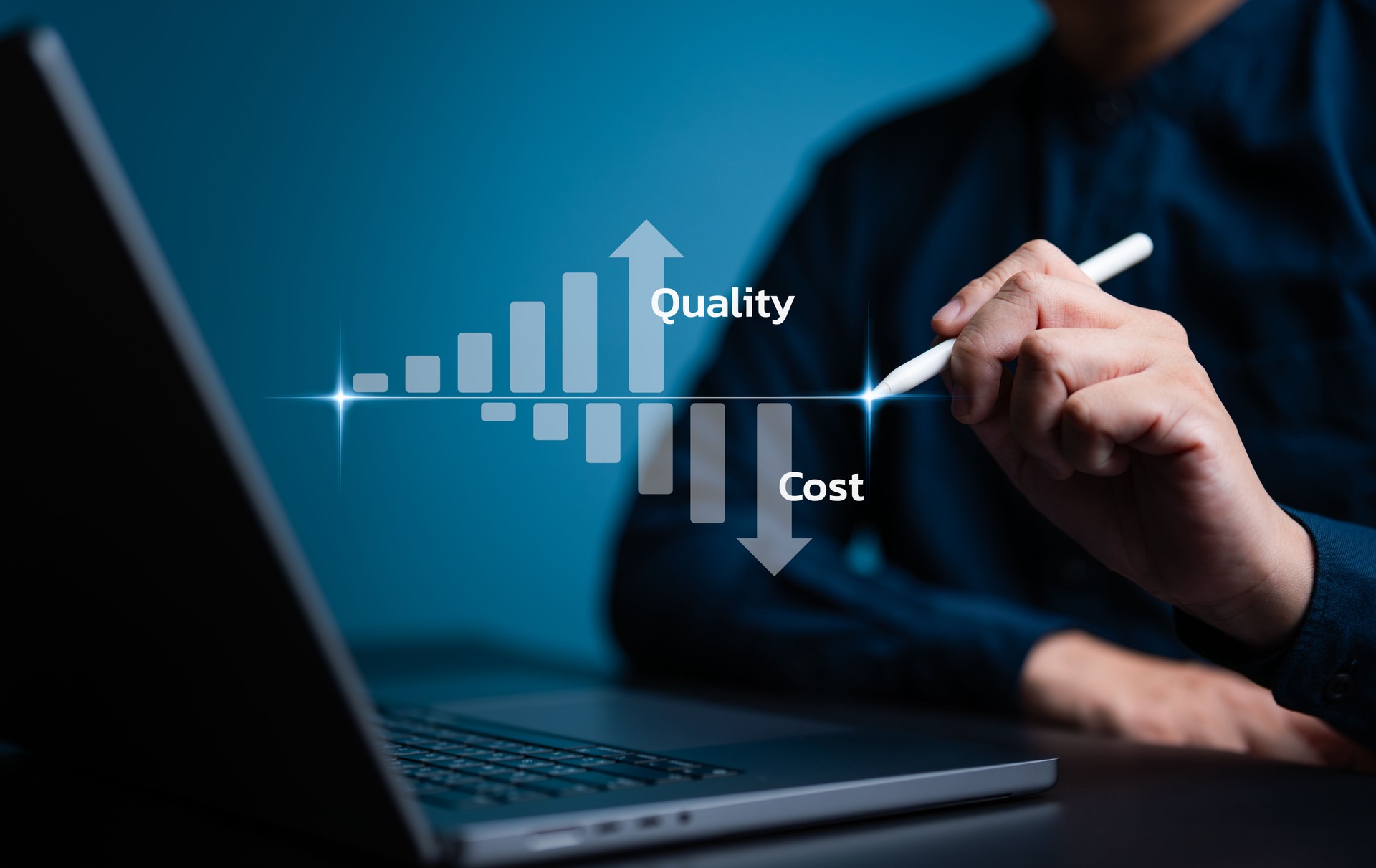 Product or service quality management control concept. Businessman showing cost with down chart and quality with up chart for business optimization. Budget cost or improvement quality adjustment.